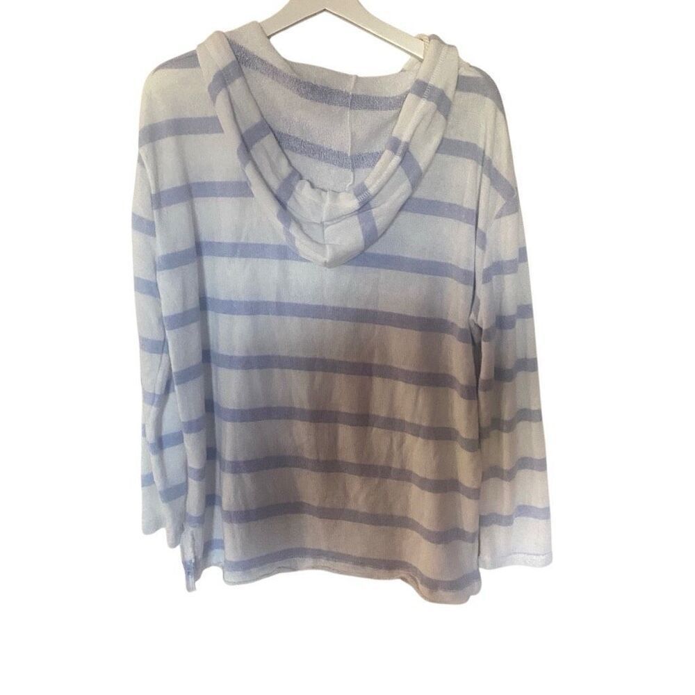 Ocean Drive Hoodie – Large, Blue and White Striped Pullover with Raw Hem - Picture 2 of 6